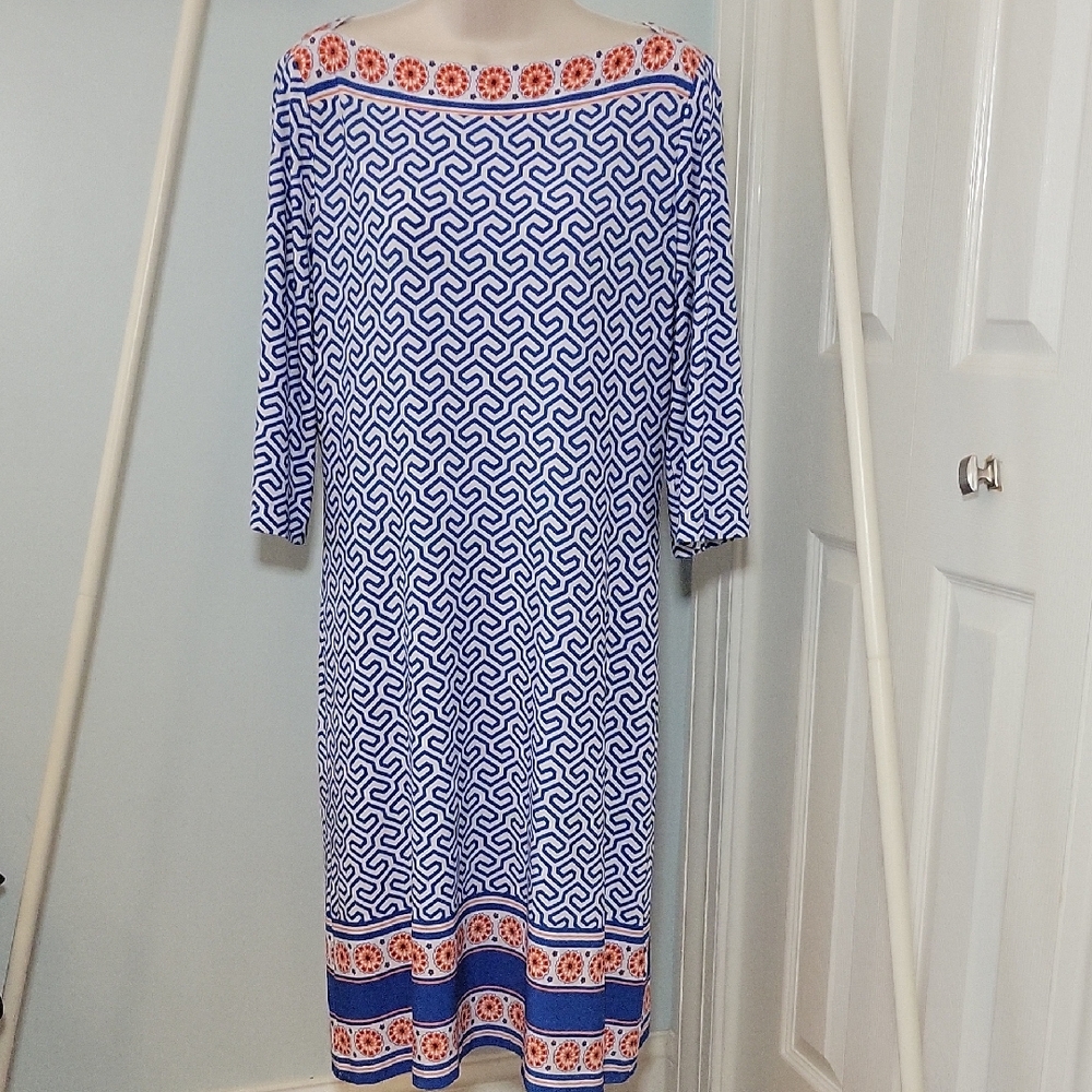 Donna Morgan Blue and Orange Geometric Dress Size Large